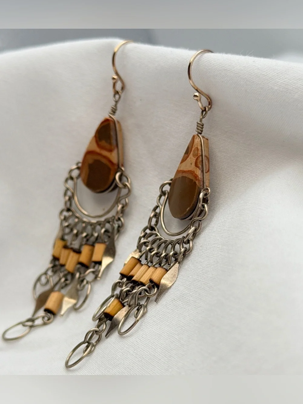 Handcrafted Picture-Jaspers Teardrop Dangle Chandelier Sterling Silver Earrings